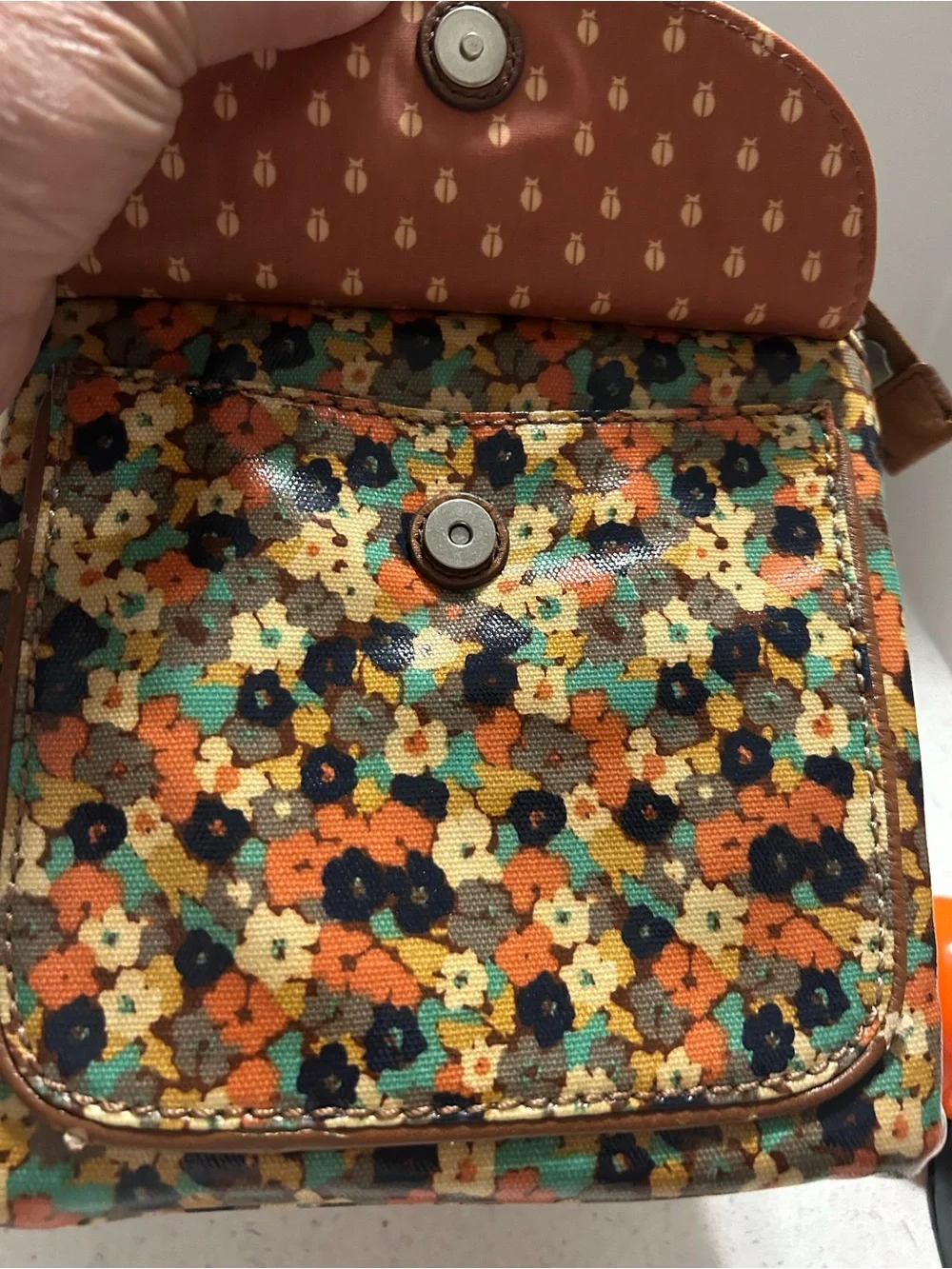 Fossil Floral Canvas Crossbody Bag - Brown, Orange, Teal